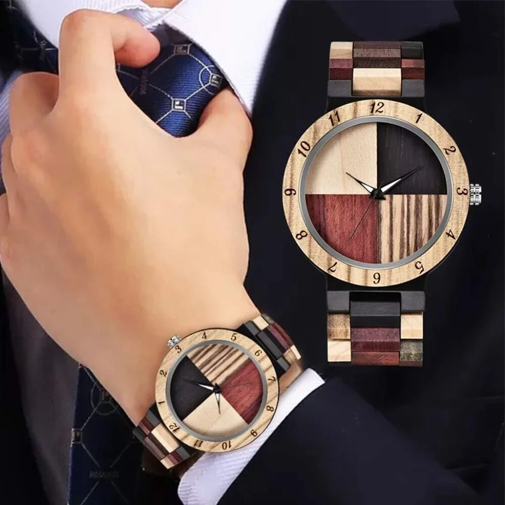 Men's Khaki Geometric Creative Quartz Hand-made Tang Buckle Wooden Watches